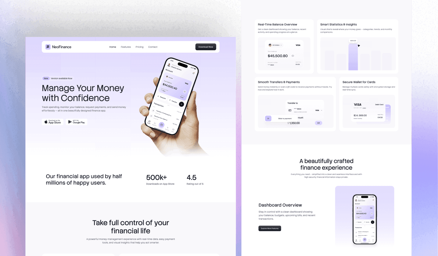 NeoFinance - React Fintech Landing Page Template for Finance Apps